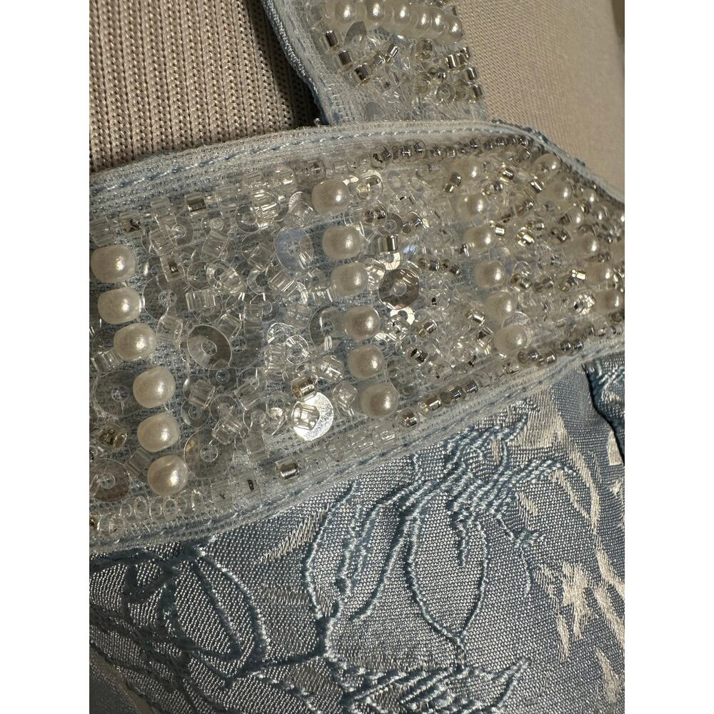 Blue Jacquard Sequin Corset Back Removable Bow Dress Long Gown Sz S - Picture 9 of 16